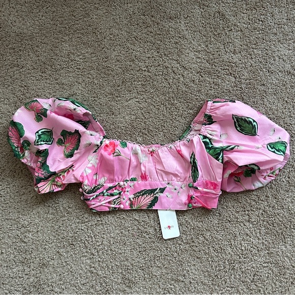 L'ATISTE Pink Ombre Green Floral Butterfly Zip Up Puff Sleeve Top NWT Size Large - Picture 5 of 12